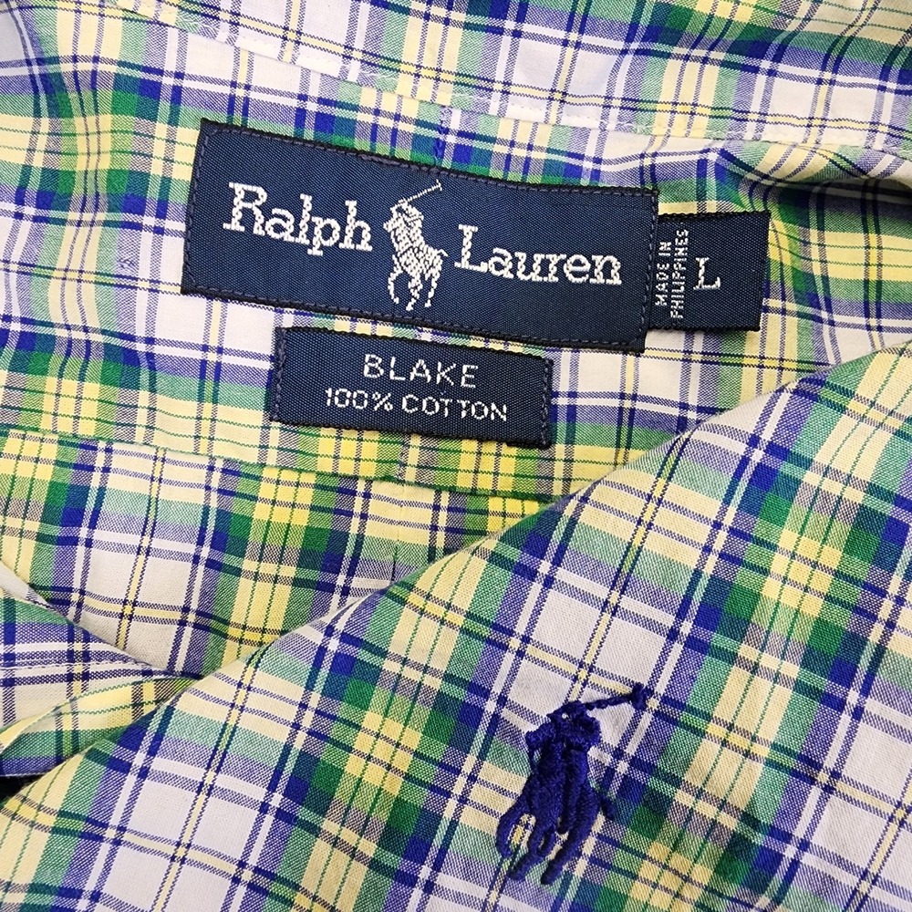Ralph Lauren Men's L Blake Yellow Green Blue Short Sleeve Plaid Button Shirt‎